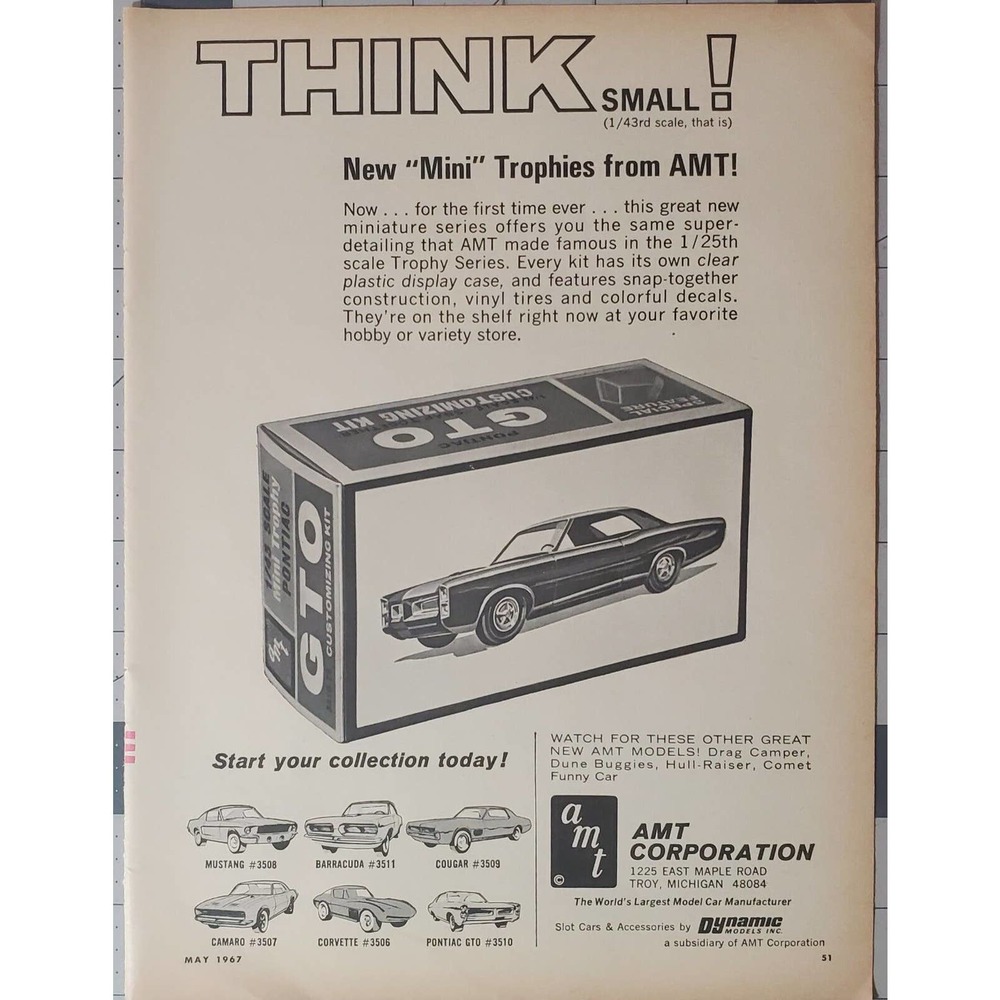 AMT Model Cars Muscle Cars Vintage 1967 Magazine Ad